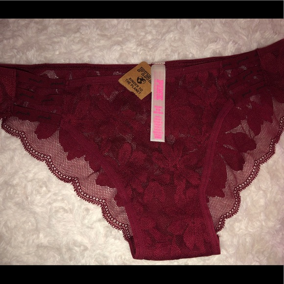PINK Strappy Logo Cheekster Lace Burgundy Size XS - Picture 2 of 3
